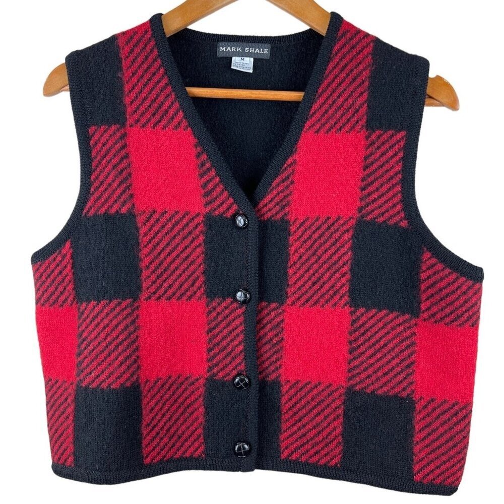 Mark Shale Women's Vest 100% Wool Buffalo Plaid Red Black Button Medium Winter